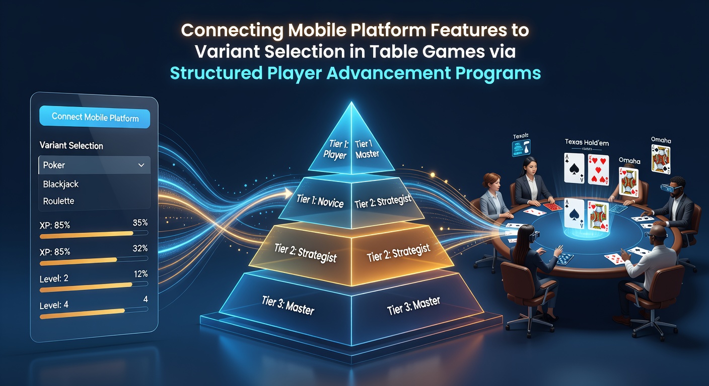 Mobile app interface showing player advancement tiers connected to table game variant options including blackjack and roulette selections