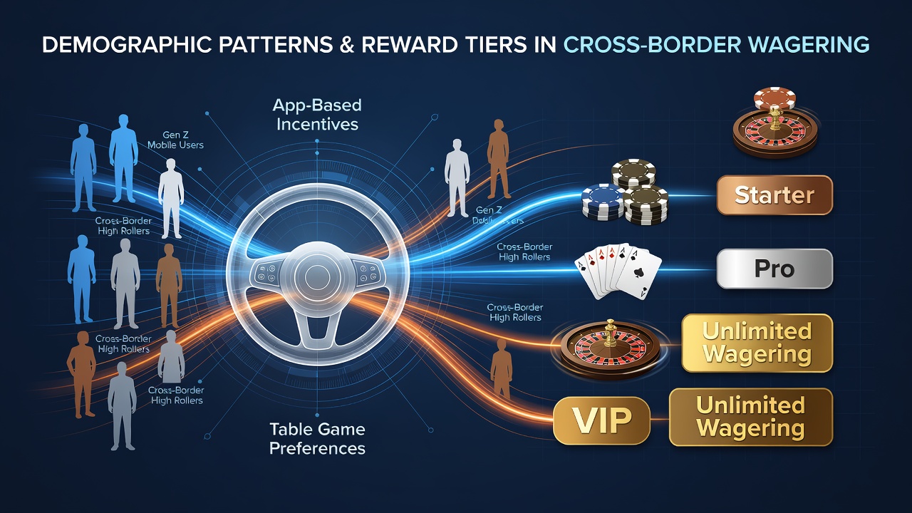Charts displaying age and regional demographic breakdowns for table game preferences in cross-border mobile wagering platforms