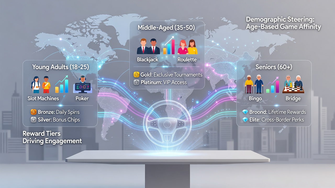 Mobile app screenshots illustrating reward tier progression and table game recommendations across different demographic groups
