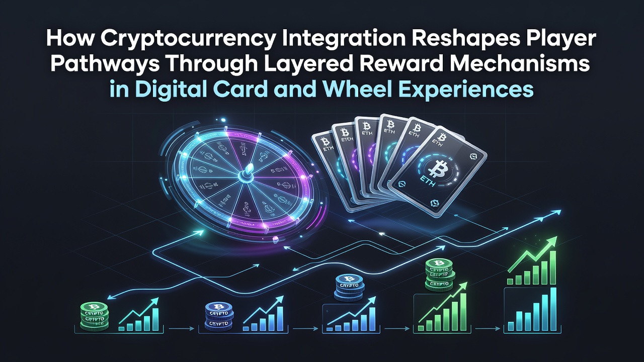 Digital interface showing cryptocurrency rewards layered across card and wheel game pathways in a mobile casino app