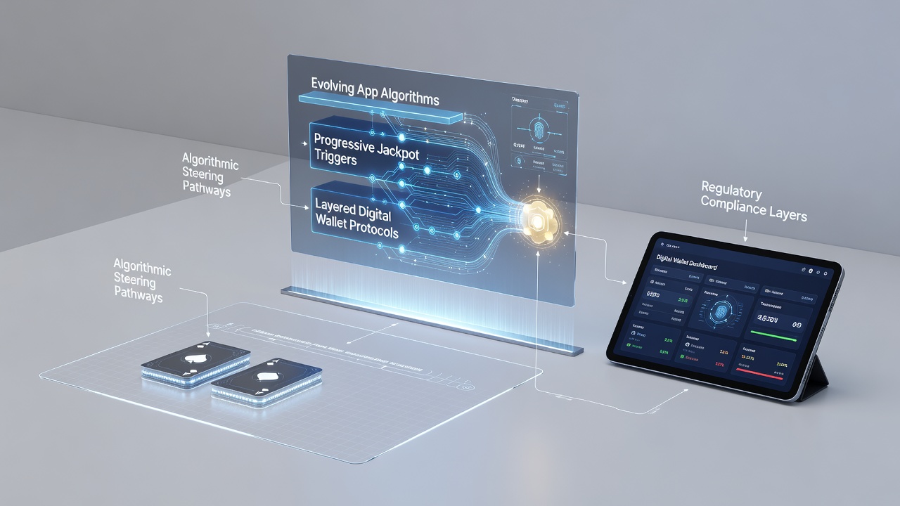 Illustration of mobile app interfaces showing algorithmic pathways connecting digital wallets to progressive jackpot systems in regulated table game environments