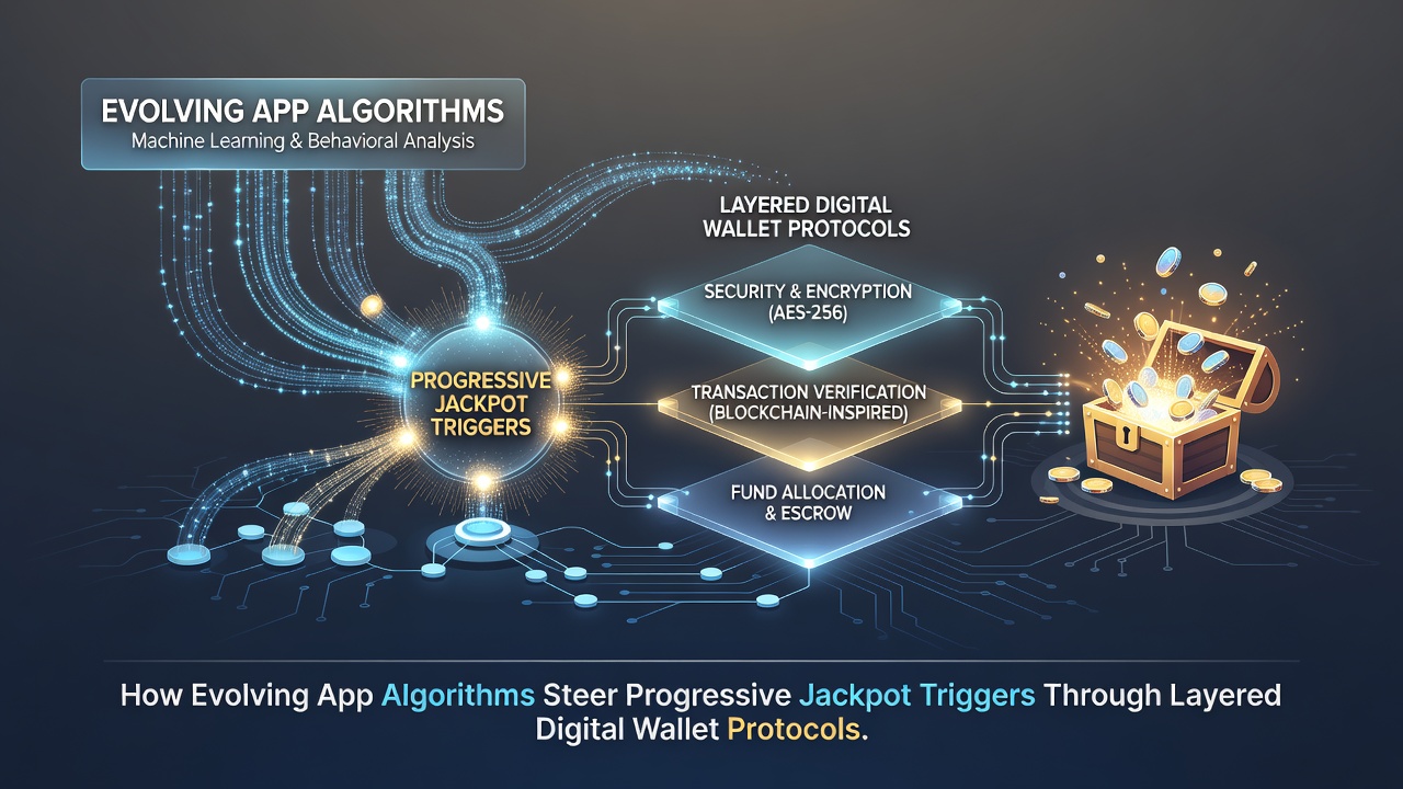 Diagram depicting layered digital wallet protocols interfacing with app algorithms for progressive jackpot management in portable casino environments