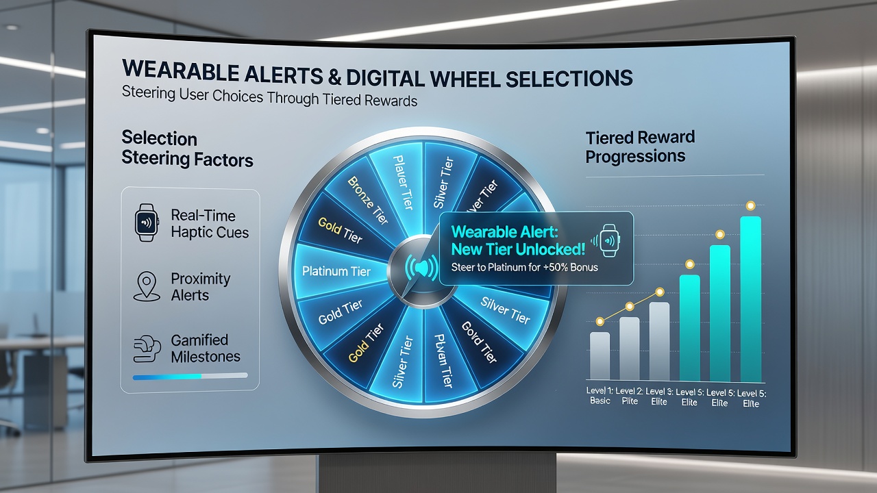 Mobile app interface showing tiered rewards synced with wearable notifications for wheel games