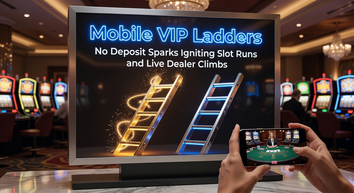 Smartphone screen displaying a vibrant mobile casino VIP ladder with tiers glowing in neon colors, no-deposit bonus icons sparking upward climbs toward elite slot and live dealer levels