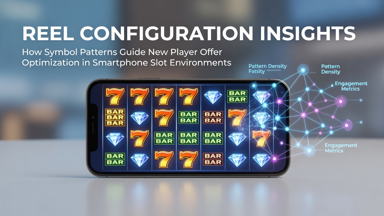 Smartphone screen displaying a slot game reel with various symbols including wilds and scatters arranged in a 5x3 grid configuration