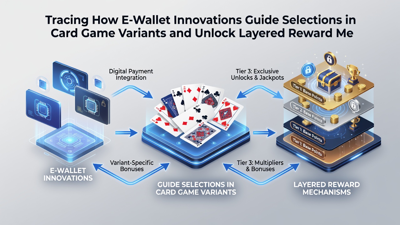 Infographic illustrating layered reward structures in mobile casinos connected to e-wallet transactions for card game variants